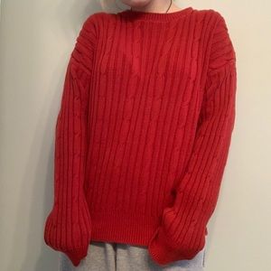 red chunky cable knit sweater